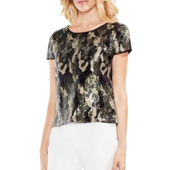 Vince Camuto Camo Sequin Cap Sleeve top NWT - Picture 1 of 7